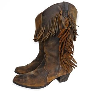 Vintage Oiled Distressed Leather Fringed Western Cowboy Boots Oak Tree Farms 8